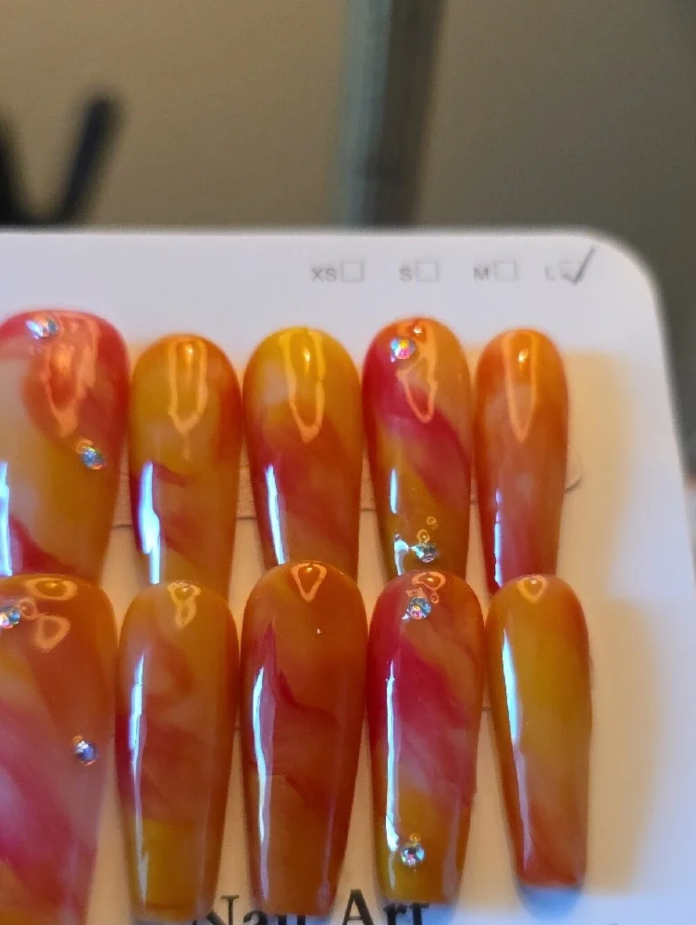 Orange Marble Press-On Nails with Rhinestones - Size Large